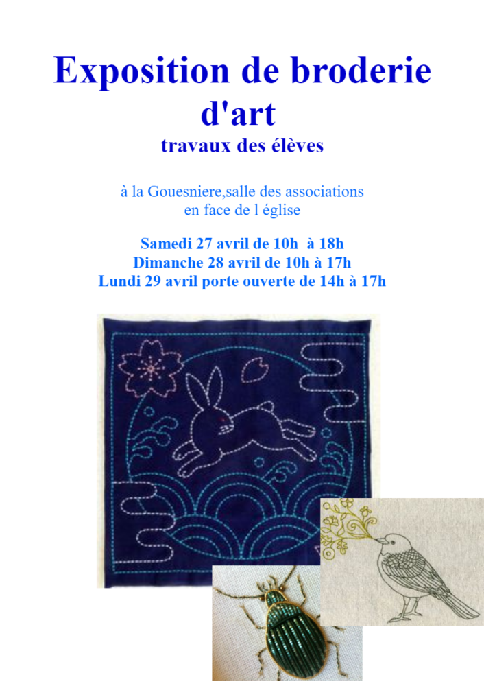 Exposition de broderie et d’art textile du 27/04 au 29/04/2019 Exposition de broderie et d’art textile du 27/04 au 29/04/2019
