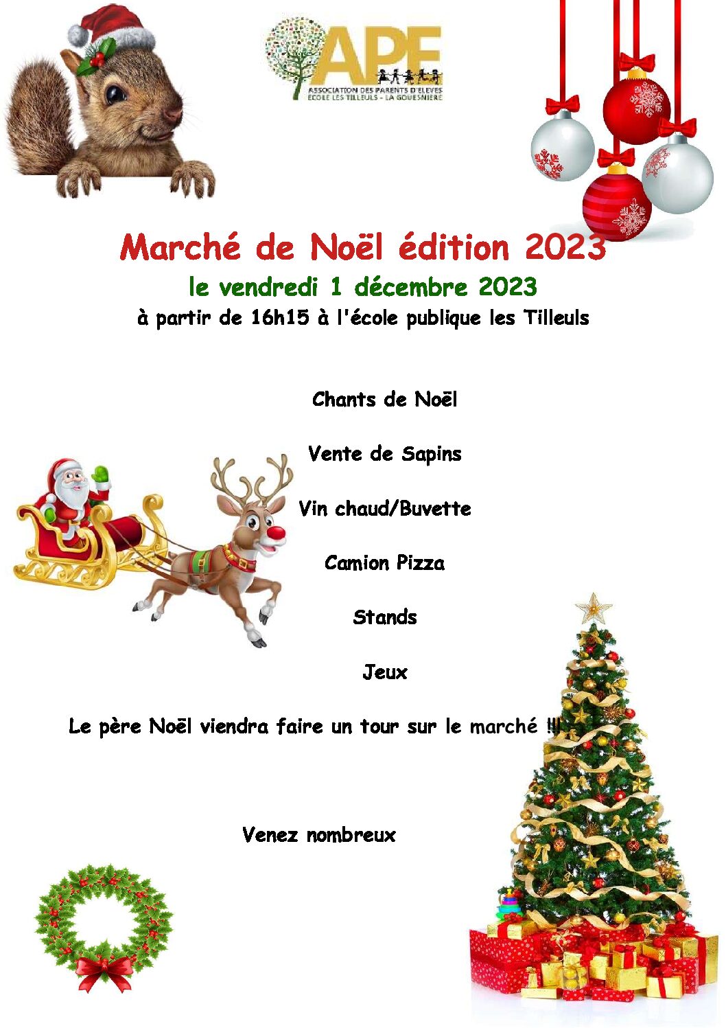 MARCHE DE NOEL APE ECOLE DES TILLEULS 1 er  DEC 2023