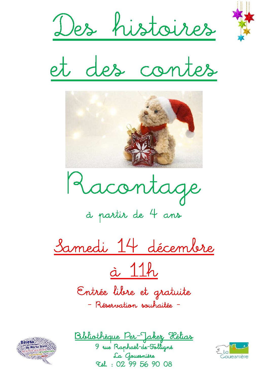 Des histoires et des contes à la médiathèque le 14 décembre 2024 à 11h.