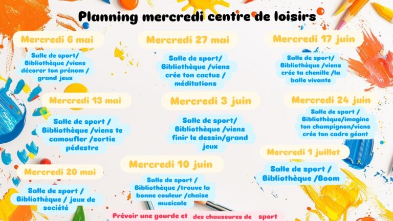 Planning des mercredis de Mai à Juillet 2026