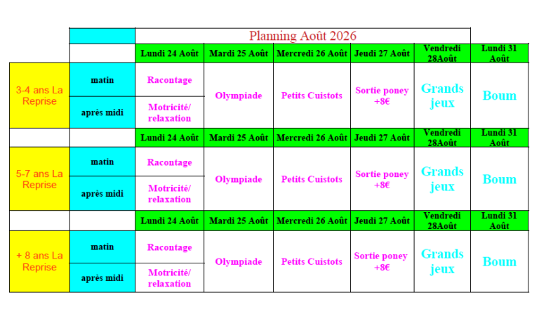 Planning Centre de Loisirs Août 2026